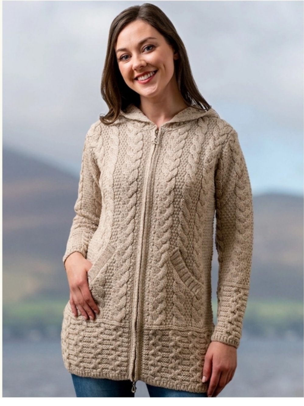 Aran mor Ireland 100% Merino wool knit cardigan zipper sweater medium - Picture 2 of 9